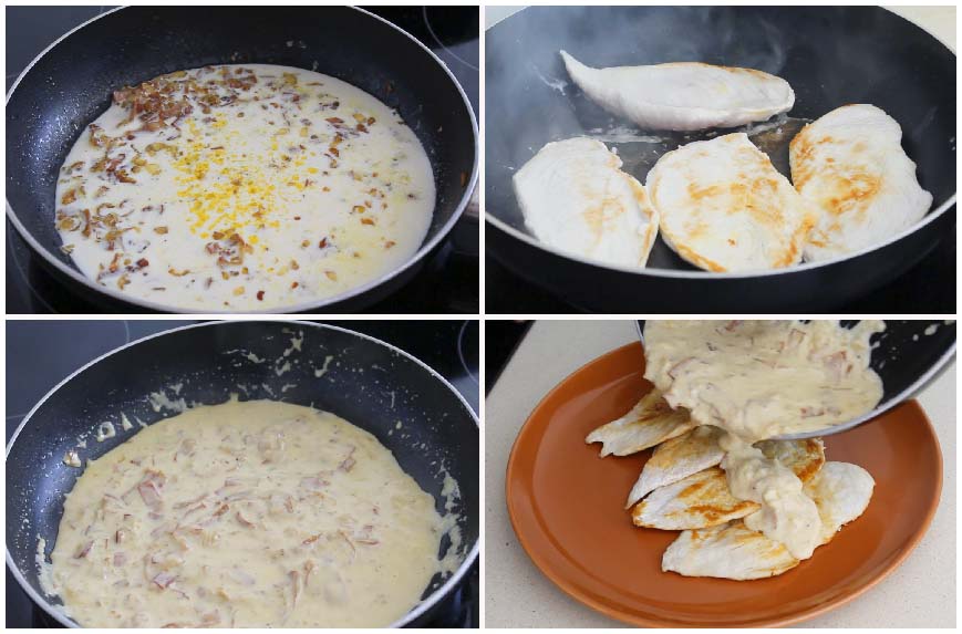 Filetes de pollo al curry con nata y bacon