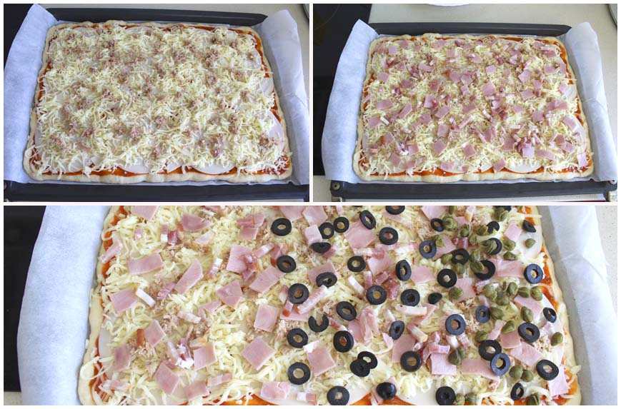 Pizza casera con masa de leche, jamón y bacon